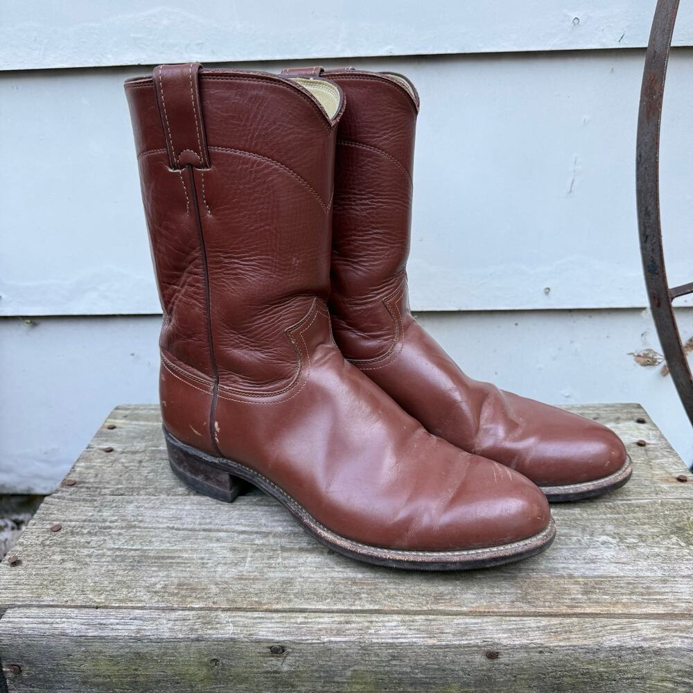 Justin Boots Saddle Tan Round Toe Roper Cowboy Boots Rubber Sole 9.5D Style 3003